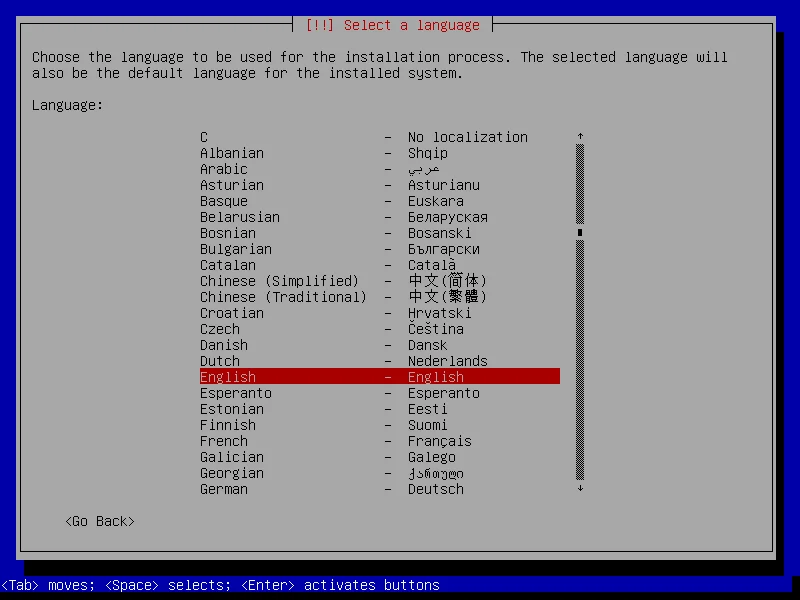 Pemilihan bahasa sistem operasi pada installer Debian 11