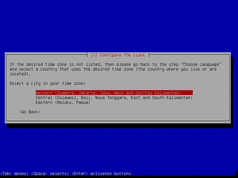 Pemilihan zona waktu jam sistem operasi pada Debian 11