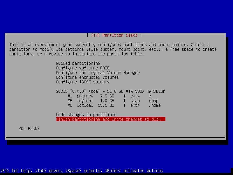 Meninjau hasil konfigurasi struktur partisi disk pada Debian 11
