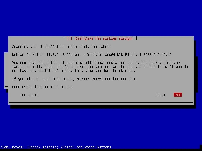Pilihan pemindaian media instalasi tambahan pada Debian 11