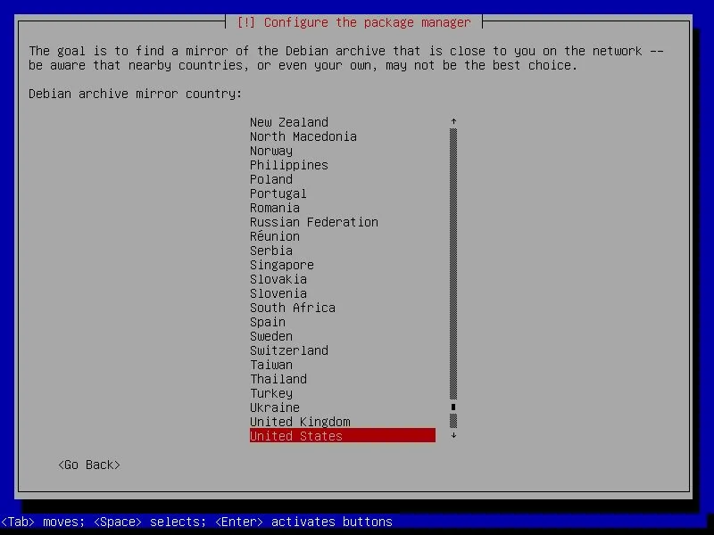 Pemilihan lokasi negara server mirror repositori Debian 11