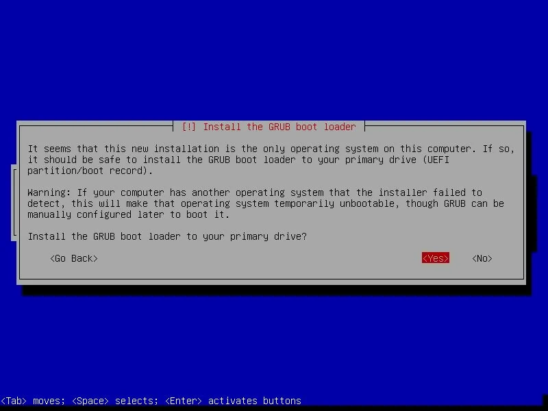 Persetujuan pemasangan boot loader GRUB pada Debian 11