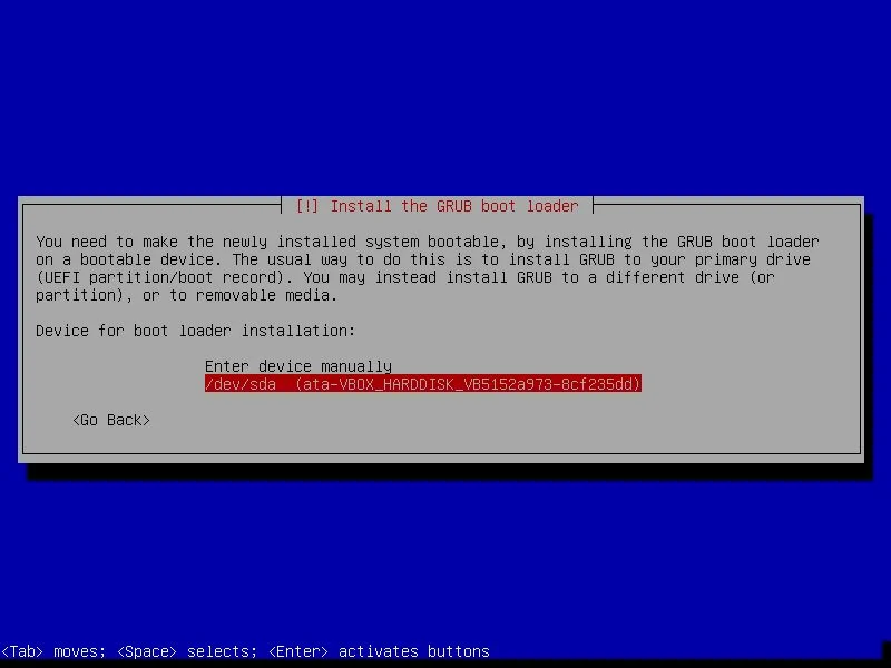 Pemilihan device hard disk lokasi instalasi bootloader GRUB