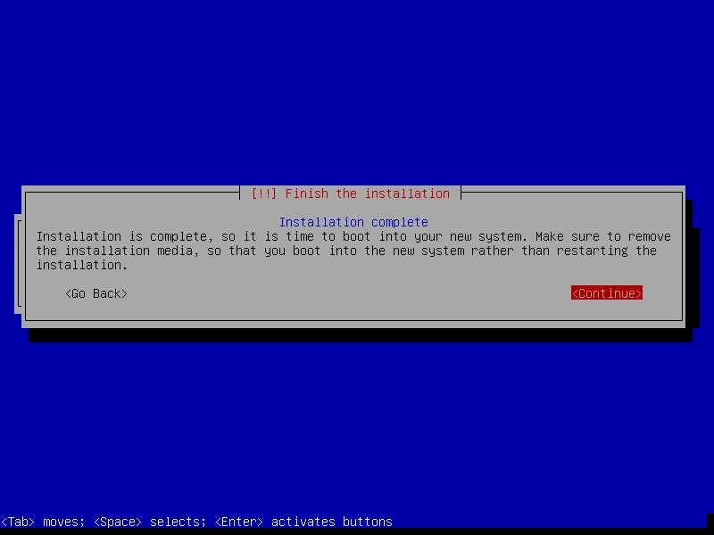 Pemberitahuan instalasi sistem operasi Debian 11 telah selesai