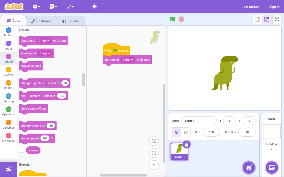 Antarmuka aplikasi pemrograman visual Scratch 3.0