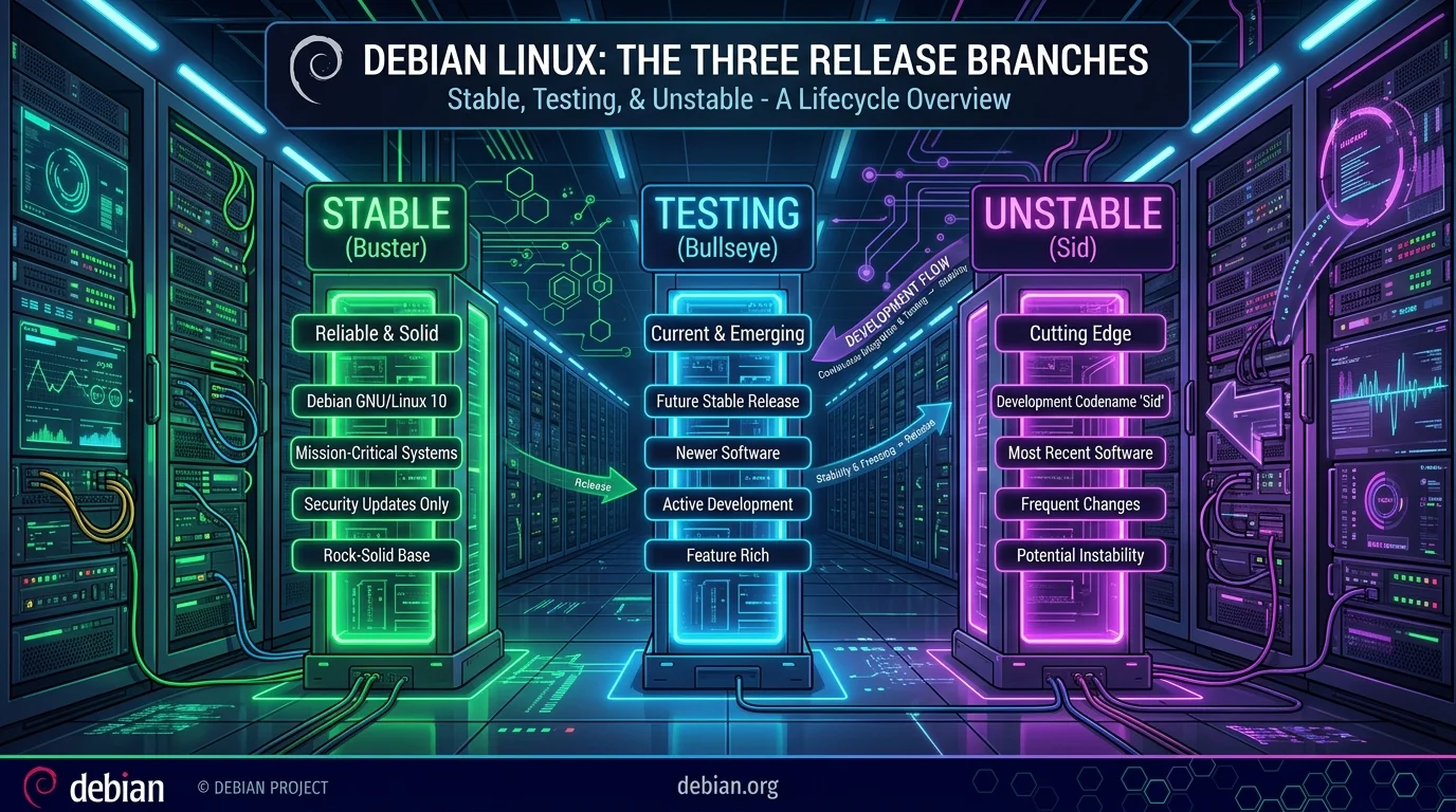 Diagram alur cabang rilis Debian Linux Stable Testing dan Unstable