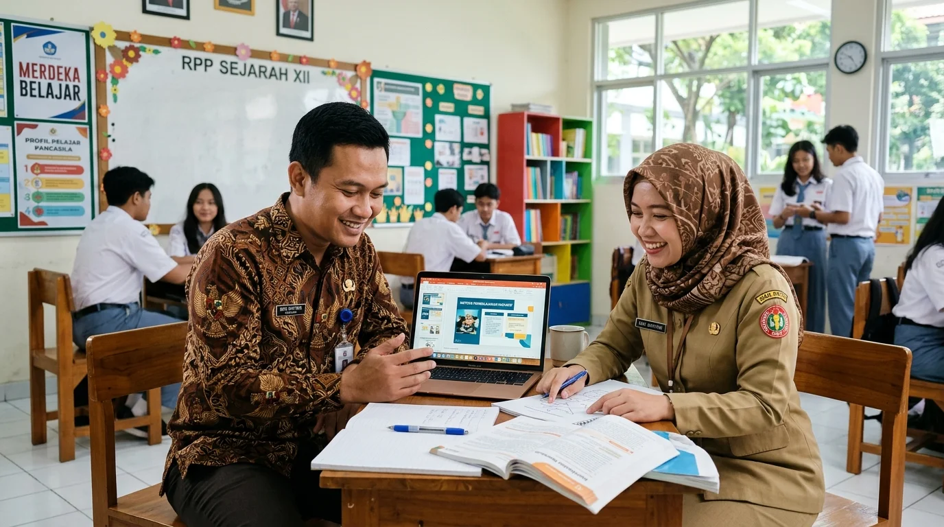Guru PPPK di ruang guru sekolah Indonesia sedang menyusun modul pembelajaran
