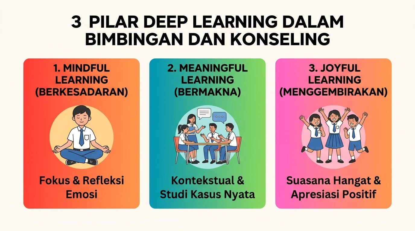 Infografis 3 pilar Deep Learning dalam layanan Bimbingan dan Konseling berbahasa Indonesia