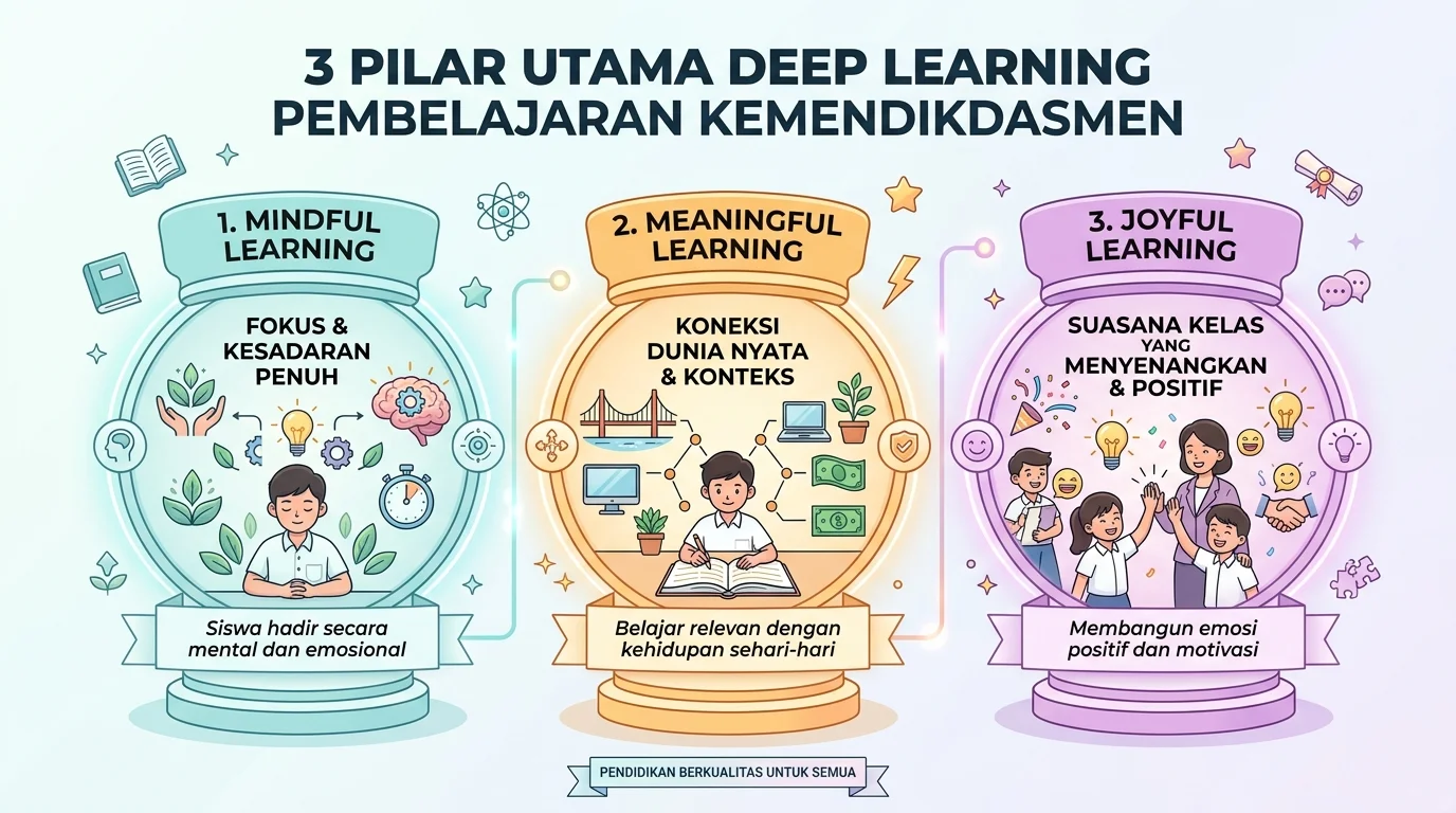 Infografis 3 Pilar Utama Model Pembelajaran Deep Learning Kemendikdasmen