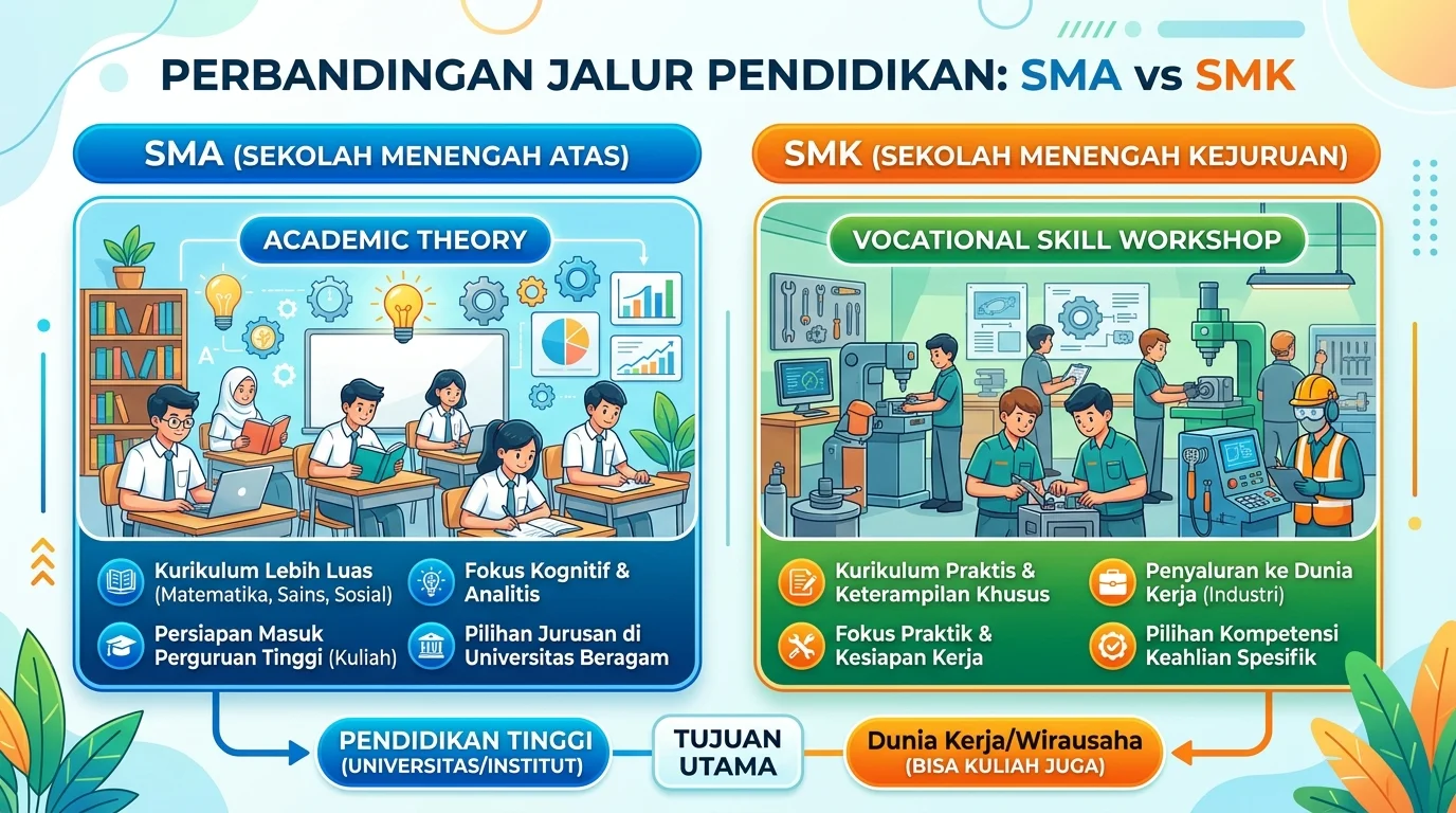Infografis perbandingan jalur pendidikan saat memilih SMA atau SMK